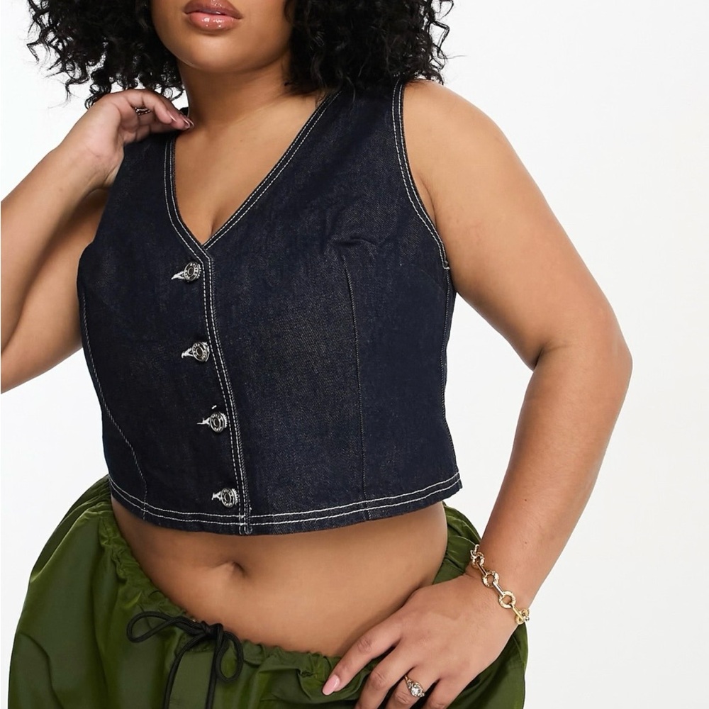 ASOS Dark Blue Denim V-Neck Button Front Vest 100% Cotton Timeless Size 18